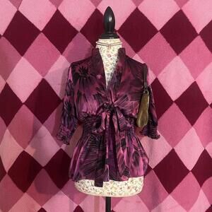 Purple floral satin tie front ruffle blouse